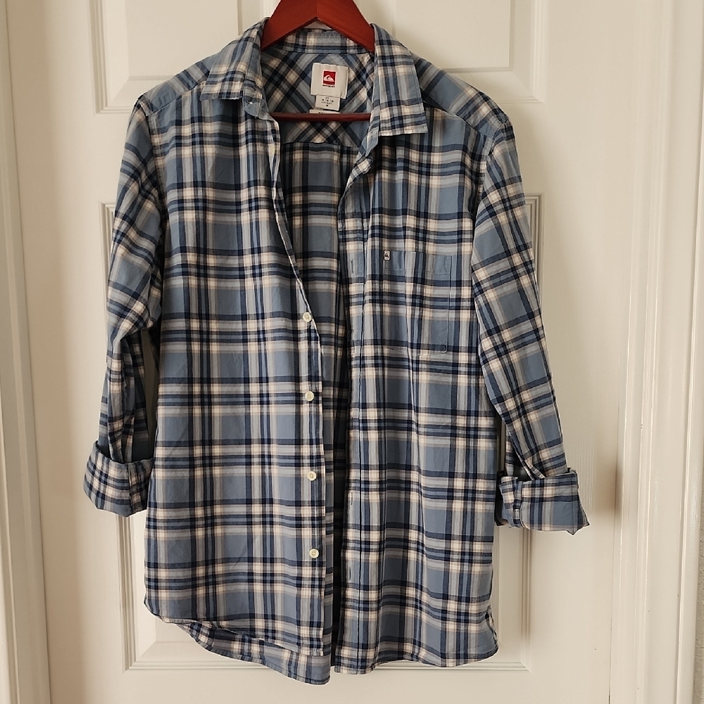 Quiksilver Men's Blue & White w/ Grey Plaid Long Sleeve Shirt - M Regular, 90's